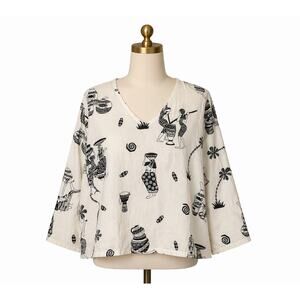 Hot Cotton Linen Tunic XL Black White Tribal Print Lagenlook Art Top Boho USA